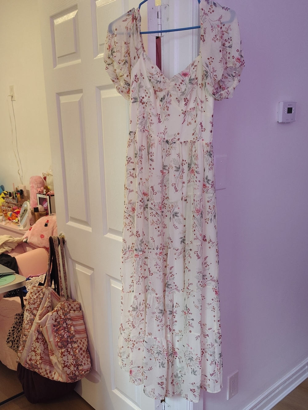 Floral Puff-Sleeve Ivory WomensDress